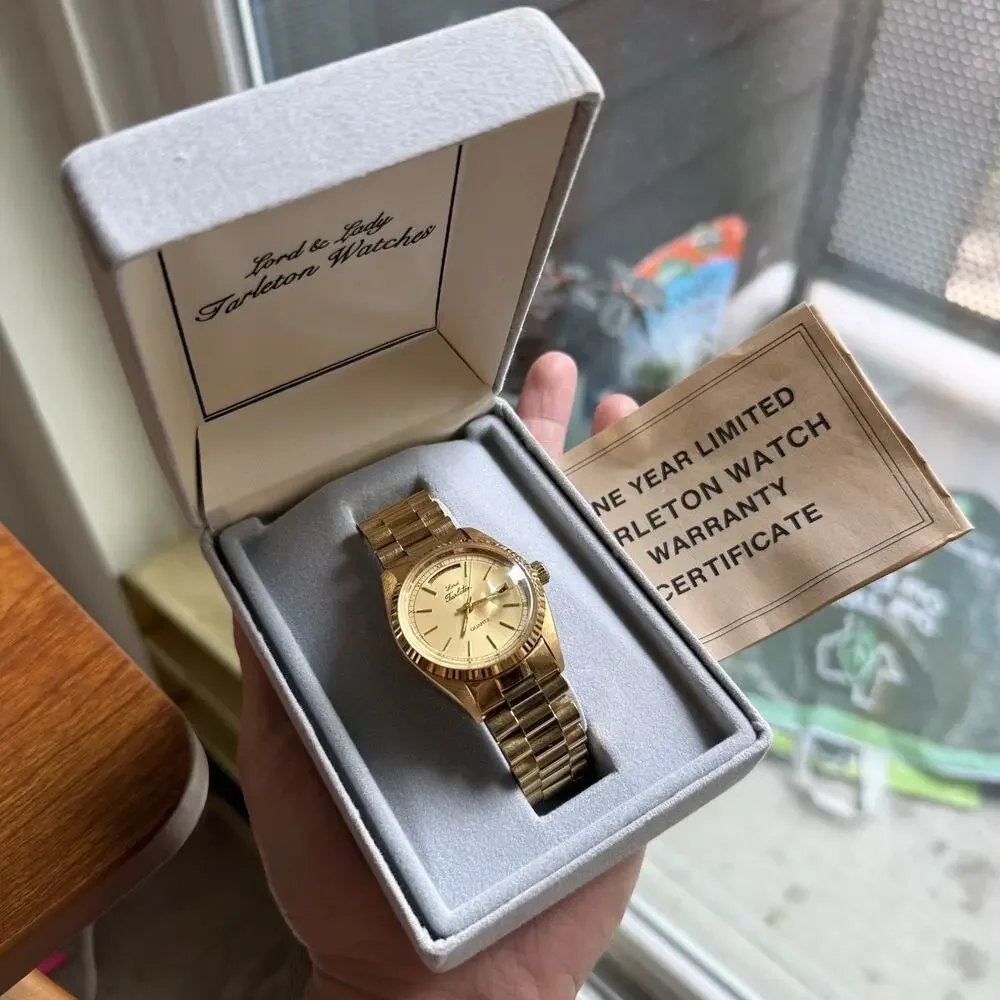 NOS Lord Tarleton Gold Toned Presidential Day Date Quartz Wrist Watch Men’s NEW